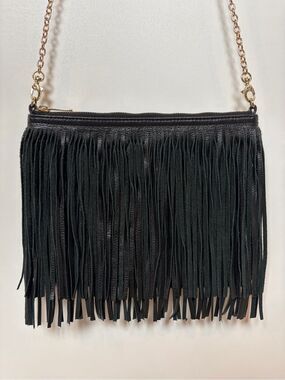Barneys New York Black Leather Suede Fringe Crossbody Bag Gold Chain Strap Boho